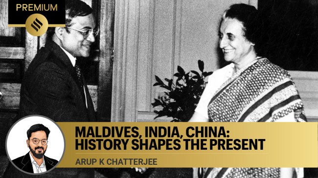 The President of the Republic of Maldives Maumoon Abdul Gayoom with Indian Prime Minister Indira Gandhi in New Delhi on September 7, 1983. (Express Archive Photo)