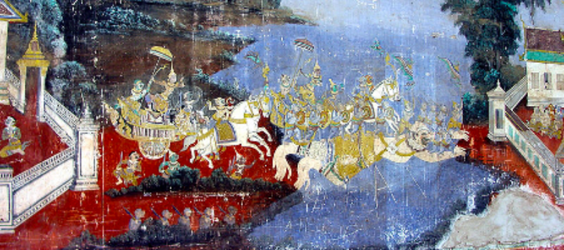 Murals depicting Preah Ream (Rama) and Preah Leak (Lakshmana), under royal umbrellas, crossing over to Lanka with their monkey army on the back of a giant