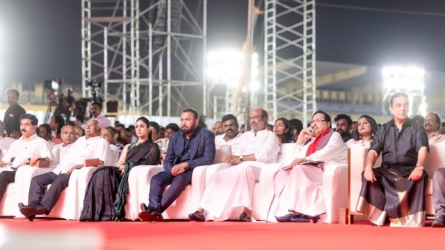 Nayanthara, Subhaskaran, Rajinikanth, Duraimurugan, and Kamal at Kalaingar 100 (Image: RameshBala/X)