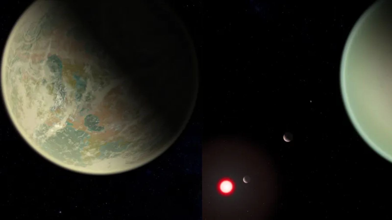 Concept art of water-bearing (L) and dry (R) oxygen-rich exoplanets.