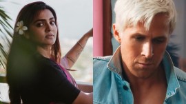 Paravathy in her Instagram post (L) and Ryan Gosling in Barbie (R)