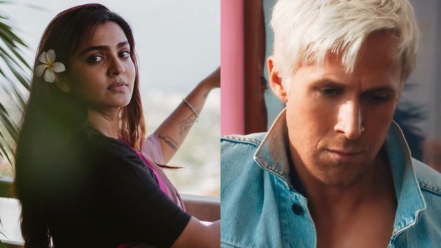 Paravathy in her Instagram post (L) and Ryan Gosling in Barbie (R)