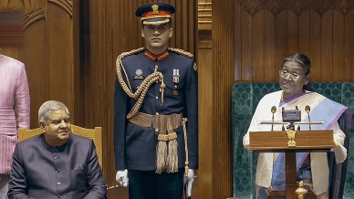 President Droupadi Murmu along with Rajya Sabha Chairman Jagdeep Dhankhar. (PTI Photo)