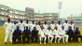 Victorious Pondicherry team after the end of the match at the Arun Jaitley Stadium in New Delhi. (Express Photo)
