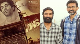 Poster of DNS (L) and Dhanush and Sekhar on sets of DNS (R)