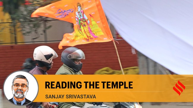 A Hindu temple flag is seen on a two wheeler plying through Chandigarh city's roads on the eve of Ram Mandir inauguration at Ayodhya. (Express Photo by Kamleshwar Singh)