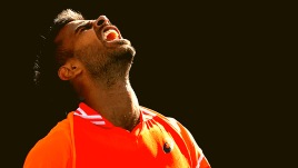 Sumit Nagal of India celebrates after defeating Alexander Bublik of Kazakhstan in their first round match at the Australian Open tennis championships at Melbourne Park, Melbourne, Australia, Tuesday, Jan. 16, 2024. (AP Photo)