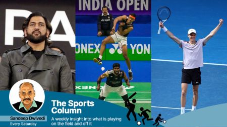 (L-R) MS Dhoni in attendance during FIH Women's Olympic Qualifiers in Ranchi; Chirag Shetty and Satwiksairaj Rankireddy during the men's doubles final badminton match against South Korea's Seo Seung-jae and Kang Min-hyuk at the India Open; Jannik Sinner celebrates winning his semi final match against Serbia's Novak Djokovic (AP | PTI | REUTERS)