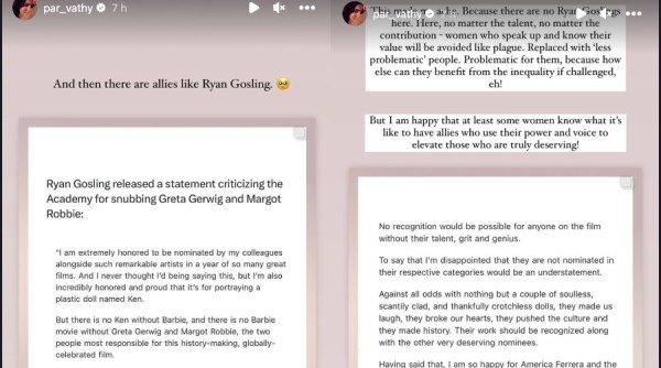 Screenshots of Paravathy's reaction on Instagram