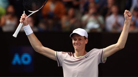 Italy's Jannik Sinner celebrates winning his semi final match against Serbia's Novak Djokovic. (Reuters)