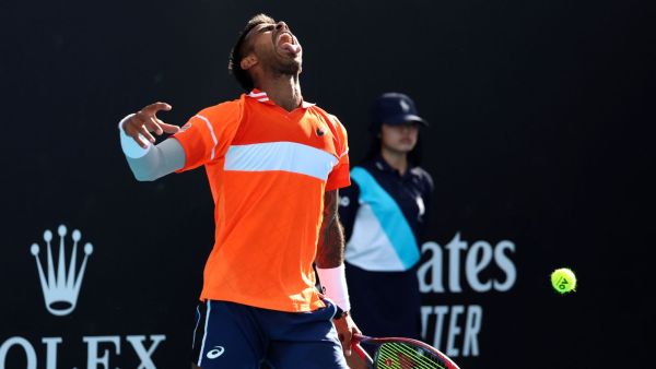 Sumit Nagal of India celebrates after defeating Alexander Bublik of Kazakhstan in their first round match at the Australian Open tennis championships at Melbourne Park, Melbourne, Australia. (AP | PTI)