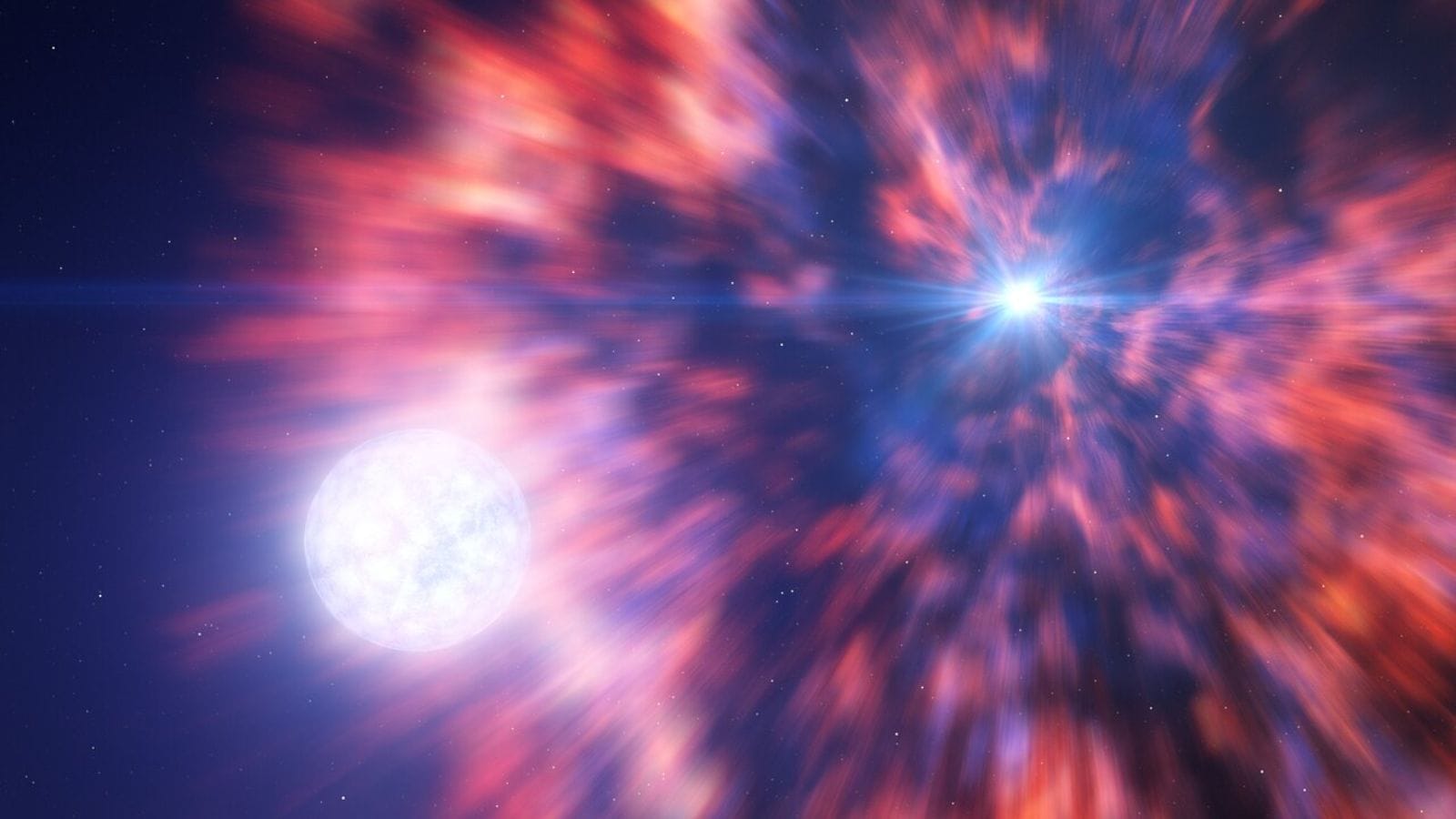 Artist's impression of a star exploding while its companion is in the foreground. (ESO)