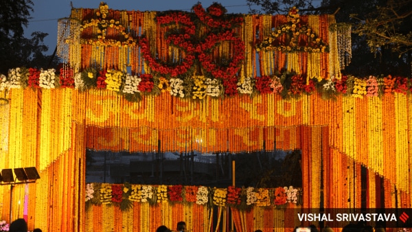 Flower decoration for Ram temple inauguration in Ayodhya. (Express Photo)