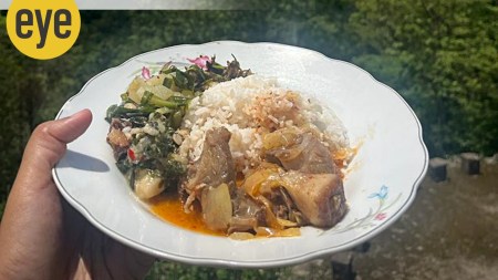 Smoked pork stew with chayote and passion fruit tender shoots.