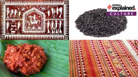 Clockwise: Black rice from Koraput, Kapdaganda shawl, Similipal Kai chutney and Lanjia Saura Painting.