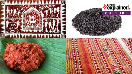 Clockwise: Black rice from Koraput, Kapdaganda shawl, Similipal Kai chutney and Lanjia Saura Painting.