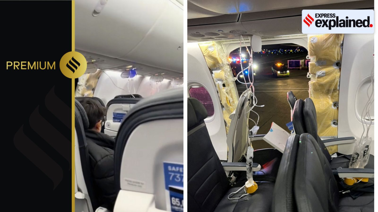 On left, passenger oxygen masks hang from the roof next to a missing window and a portion of a side wall of an Alaska Airlines Flight 1282. (Via Instagram/@strawberrvy from REUTERS). On right, passengers near the damage. (AP/PTI)