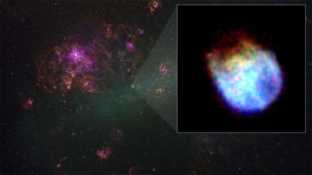 Supernova remnant N132D lies in the central portion of the Large Magellanic Cloud, a dwarf galaxy about 160,000 light-years away. XRISM’s Xtend captured the remnant in X-rays, displayed in the inset.