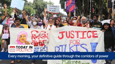 Several organisations hold banners during a protest rally against the release of convicts in Bilkis Bano case in Kolkata on August 24, 2022. (Express photo by Partha Paul)