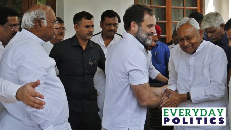 Bihar Chief Minister Nitish Kumar with Congress president Mallikarjun Kharge and Rahul Gandhi at his residence in New Delhi in 2023.