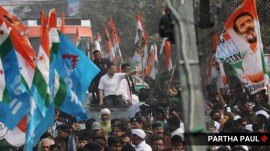 Congress leader Rahul Gandhi waves at supporters during the Bharat Jodo Nyay Yatra, in Kishanganj, Monday, Jan. 29, 2024.