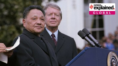 Deng Xiaoping, the first Chinese President to visit the US, and US President Jimmy Carter at the arrival ceremony for the Vice Premier of China in 1979, at the White House.