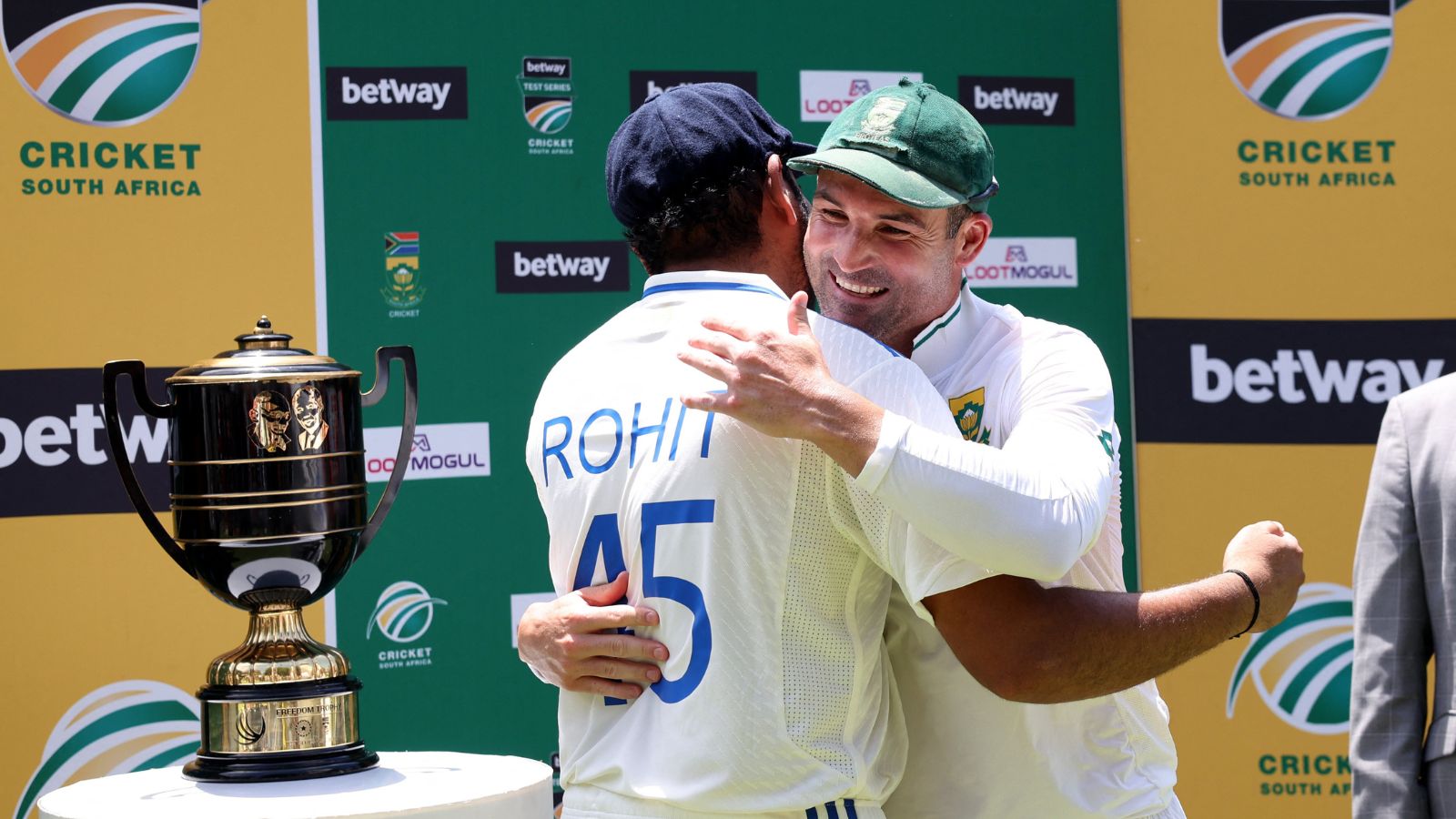 India vs South Africa: In a heartwarming gesture Rohit Sharma presents Dean Elgar with signed Indian jersey | Cricket News