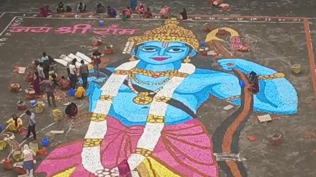 Lord Ram portrait, 108-feet portrait of Ram, Ram Temple opening in Ayodhya, jan 22 event concluded, artist Priyangu Pandey, TMC chief Bengal Mamata Banerjee, ram mandir event celebration, ram mandir pran pratishtha, ram mandir consecration, ram temple news, indian express news