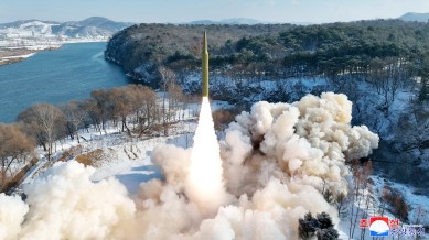 Ballistic missile, said to be solid-fuel and hypersonic, launches during a test at an unspecified location in North Korea in this picture released by the Korean Central News Agency on January 14, 2024. (KCNA via Reuters)