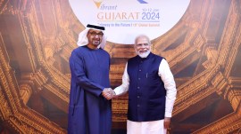 Prime Minister Narendra Modi with President of UAE Sheikh Mohamed bin Zayed bin Sultan Al Nahyan at the Vibrant Gujarat Summit on January 10. (X/NarendraModi)