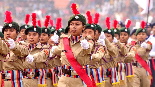 NCC cadets take part in the parade during the celebration of the 75th Republic Day, in Nagaon district, Jan. 26, 2024. (PTI)