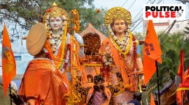 Devotees participate in a 'Ram Rath Yatra' ahead of the consecration ceremony at Shri Ram Janambhoomi Temple in Ayodhya. (PTI)