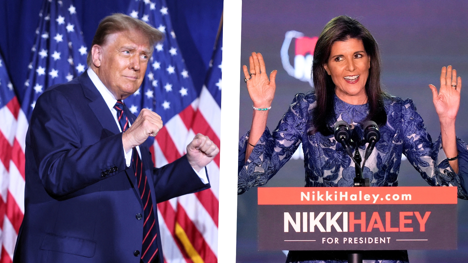 This combination photo shows Donald Trump and Nikki Haley reacting after the New Hampshire primary results on January 23. (Photos via agencies)