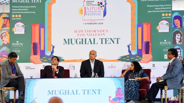 K Srilata, Debashis Paul, Justice Najmi Waziri and Anil Aneja in conversation with V. R. Ferose at Jaipur Literature Festival at Clarks Amer in Jaipur on Friday. (Express Photo by Rohit Jain)
