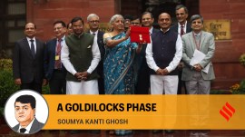 Finance Minister Nirmala Sitharaman presents the Budget tablet on February 1 (Express Photo by Tashi Tobgyal)