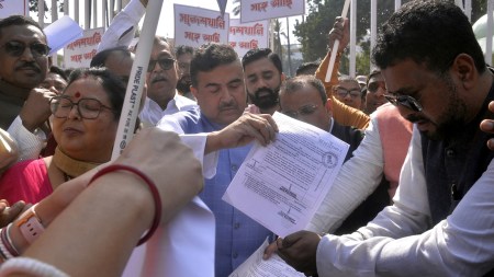 Suvendu Adhikari submits memorandum, BJP Raj Bhavan marche, Bengal BJP stir, bengal governor intervention, C V Ananda Bose, restore peace in Sandeshkhali, Shajahan Sheikh arrest demand, indian express news