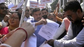 Suvendu Adhikari submits memorandum, BJP Raj Bhavan marche, Bengal BJP stir, bengal governor intervention, C V Ananda Bose, restore peace in Sandeshkhali, Shajahan Sheikh arrest demand, indian express news