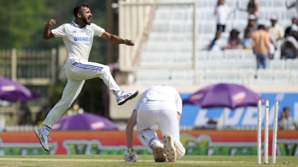 Akash Deep celebrates the wicket of England's Zak Crawley on the first day of the fourth Test cricket match between India and England, at the JSCA International Stadium Complex, Ranchi, Friday, February 23, 2024. (PTI Photo)