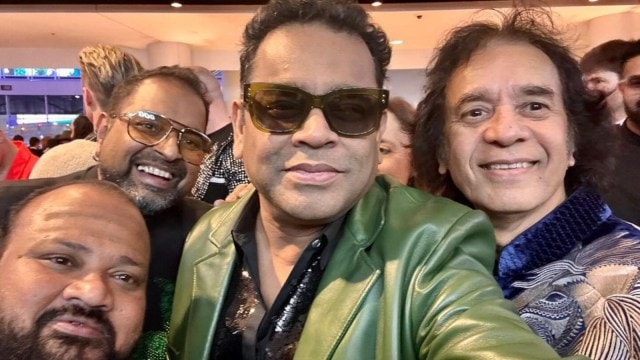 AR Rahman's selfie with Grammy Winners Zakir Hussain, Shankar Mahadevan, and Selva Ganesh