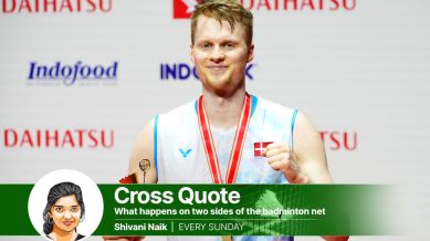 Denmark's Anders Antonsen celebrates on the podium after defeating Canada's Brian Yang in their men's singles final match at Indonesia Masters badminton tournament at Istora Stadium in Jakarta, Indonesia. (AP | PTI)