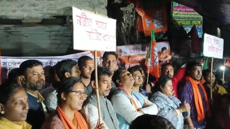 Sandeshkhali violence, BJP CPI(M) clash over Sandeshkhali, BJP workers protest, women sexual harassment case, Sandeshkhali violence mamata banerjee, Sandeshkhali, Sandeshkhali village, North 24 Parganas, bengal, bengal news, kolkata, indian express news