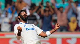 India's bowler Jasprit Bumrah celebrates for the wicket of England's batter Ben Foakes during the fourth day of the second Test match between India and England, at Dr Y.S. Rajasekhara Reddy ACA-VDCA Cricket Stadium, in Visakhapatnam. (PTI)