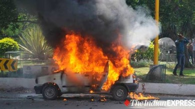 car rams into pole, car catches fire, man charred to death, car accident, delhi police, delhi accident news, accident in Gurgaon, delhi news, gurgaon news, indian express news