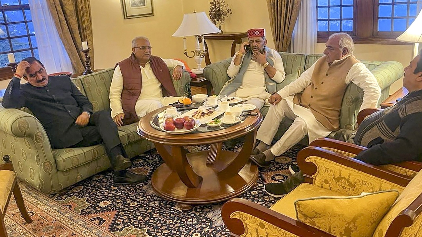 congress: Chief Minister Sukhvinder Singh Sukhu with AICC observers Bhupesh Baghel, D K Shivakumar, Bhupinder Singh Hooda and Rajeev Shukla in Shimla on Wednesday. (PTI)