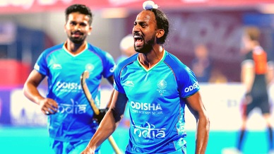 Hardik Singh celebrates after scoring a goal. (PHOTO: Hockey India)