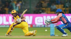 UP Warriorz' Kiran Navgire plays a shot during a ‘Women’s Premier League (WPL) 2024’ T20 cricket match between Mumbai Indians and UP Warriorz, at M Chinnaswamy Stadium, in Bengaluru