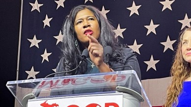 Kristina Karamo, then a candidate for the Michigan Republican Party's state party chair, speaks to delegates ahead of their vote on the key party leadership position, in Lansing, Michigan, US, February 18, 2023. (Reuters)