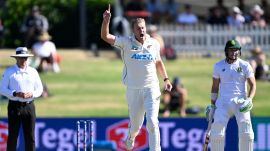 New Zealand bowler Kyle Jamieson celebrates the wicket of Neil Brand on day two of the first cricket test between New Zealand and South Africa at Bay Oval, Mt Maunganui, New Zealand, Monday. (AP)