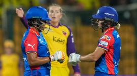 Delhi Capitals batter Meg Lanning and Shafali Verma during the Women's Premier League (WPL) 2024 match between Delhi Capitals and UP Warriorz, at M Chinnaswamy Stadium in Bengaluru, Monday