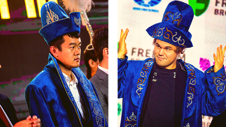Ding Liren after winning the FIDE World Chess Championship (LEFT); Magnus Carlsen at the FIDE World Rapid and Blitz 2022 in Almaty. (PHOTOS: FIDE via Anna Shtourman and Lennart Ootes)